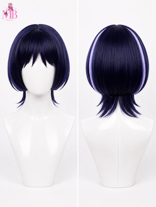 Wanderer Scaramouche Genshin Impact cosplay wig front view featuring a dark navy blue short bob with layered bangs and premium synthetic fibres displayed on a glossy white mannequin in a professional studio by MBCosplay.