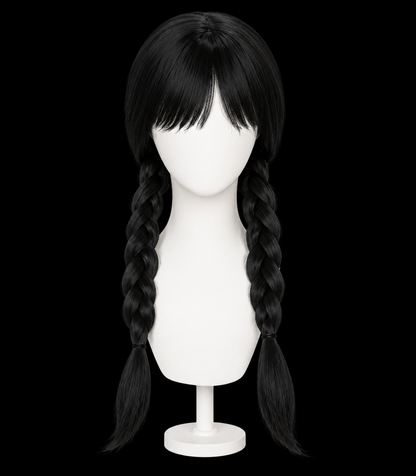 Wednesday Addams black cosplay wig with straight fringe and two long braids