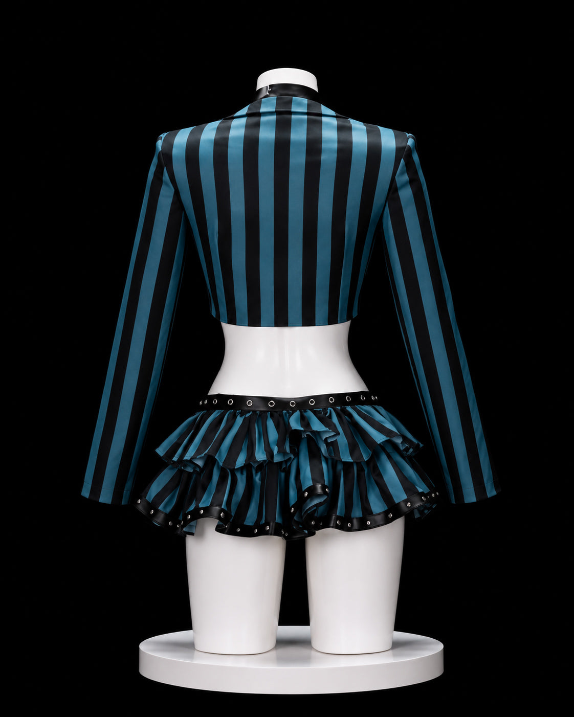 Back view of Wednesday Addams cropped Nevermore Academy cosplay uniform with striped jacket and ruffle skirt
