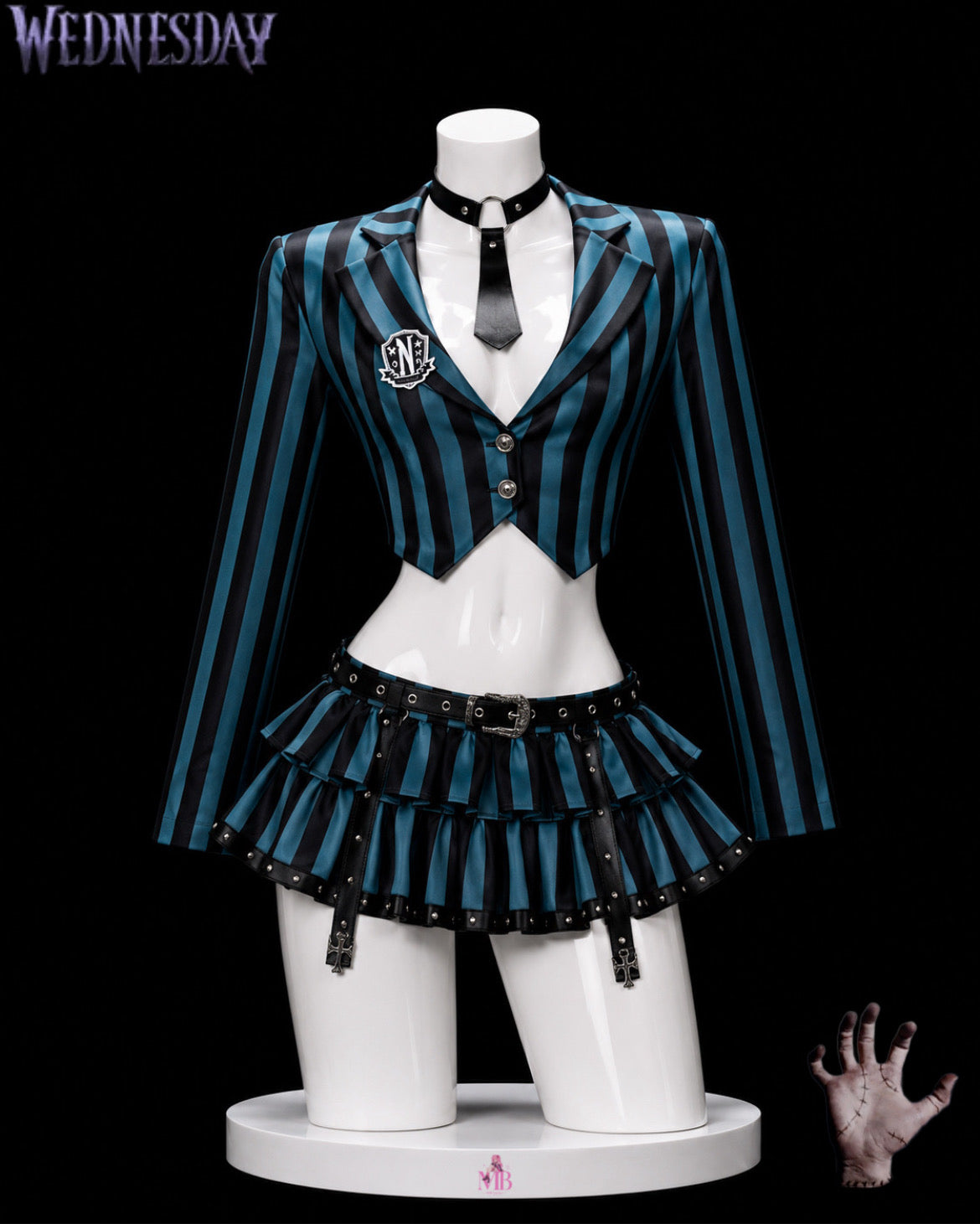 Wednesday Addams cropped Nevermore Academy uniform cosplay costume front view with striped jacket and ruffle skirt