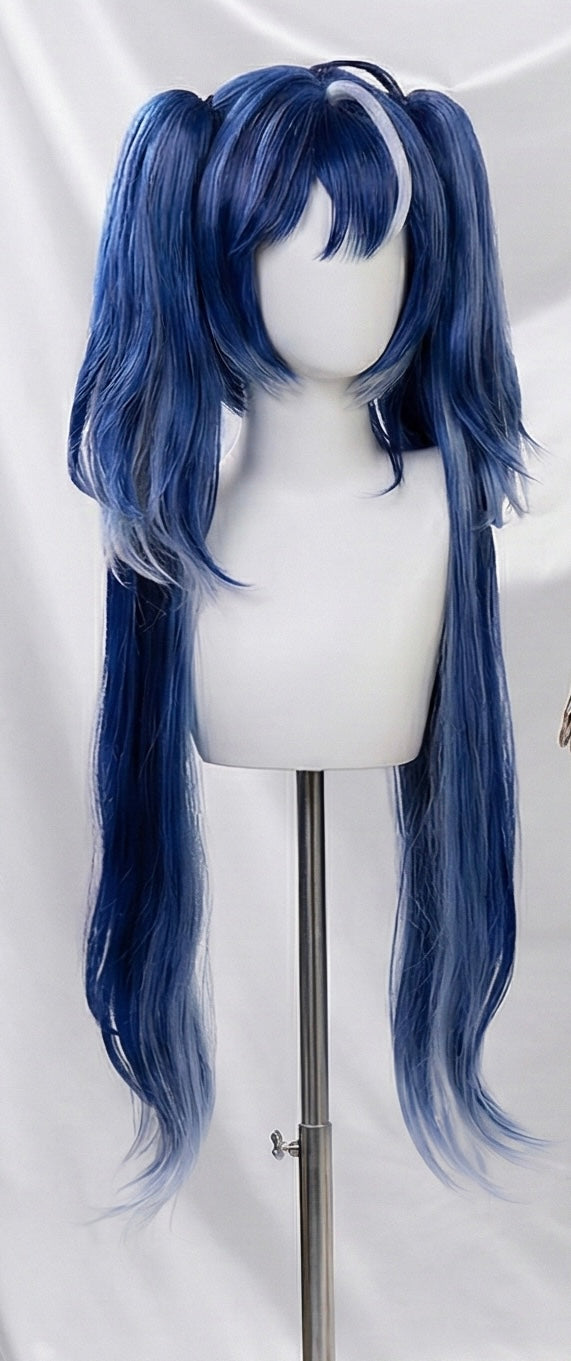 Display of the long, vibrant blue twin-tail IUNO/LUNO cosplay wig featuring white highlight streaks in the bangs and lower layers on a mannequin head