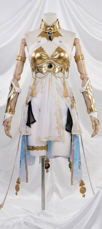 Front view of the Wuthering Waves IUNO/LUNO cosplay dress on a mannequin, featuring a white and metallic gold halter top, ornate collar, and draped white skirt