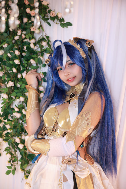 Portrait of a model in Wuthering Waves Iuno Luno cosplay, showcasing the intricate gold neck ornament, blue eyes, and high-quality synthetic wig by MBCosplay