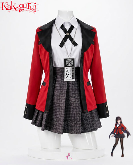 Yumeko Jabami Cosplay Costume & Wig – Kakegurui Hyakkaou Academy Uniform red Hyakkaou Academy blazer uniform front view with black wig