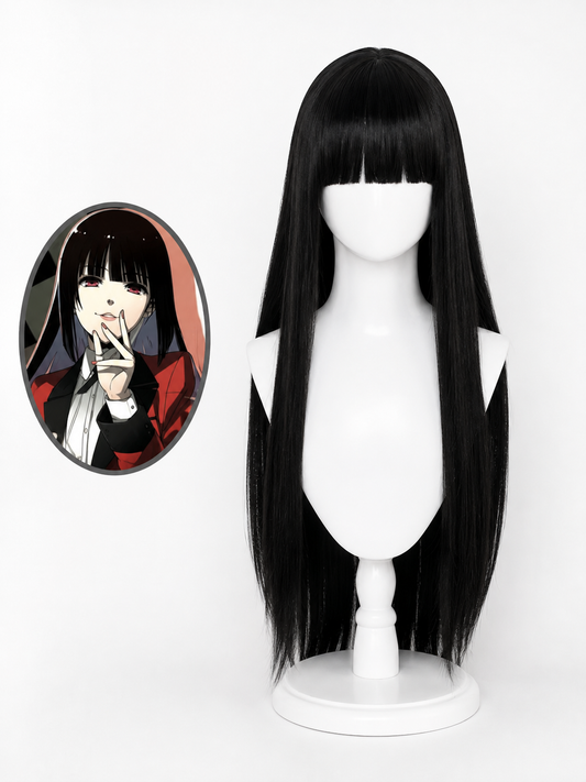 Yumeko Jabami Kakegurui long black cosplay wig with straight bangs on white wig stand