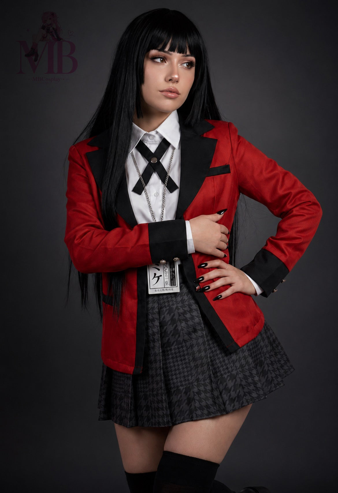 Yumeko Jabami Kakegurui cosplay costume and black wig styled as the Hyakkaou Academy uniform