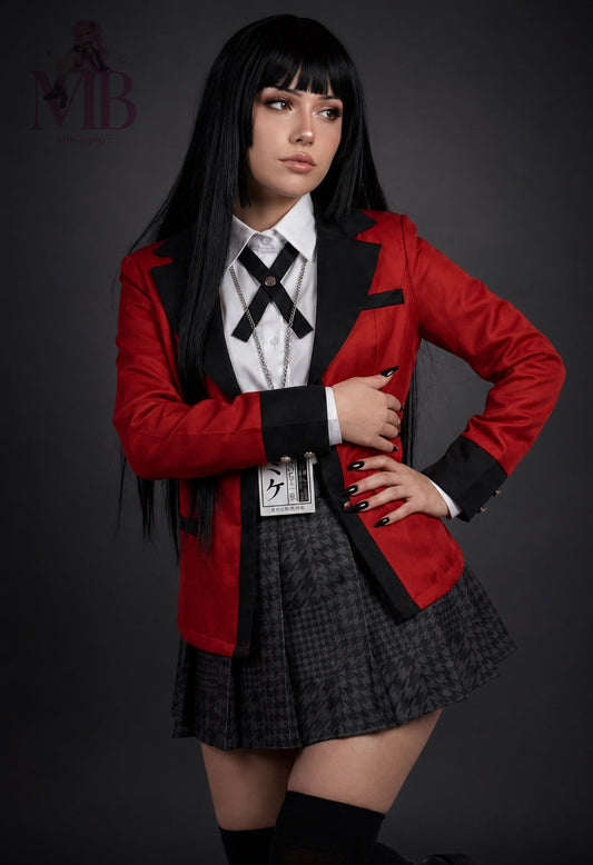 Yumeko Jabami Kakegurui cosplay costume and black wig styled as the Hyakkaou Academy uniform