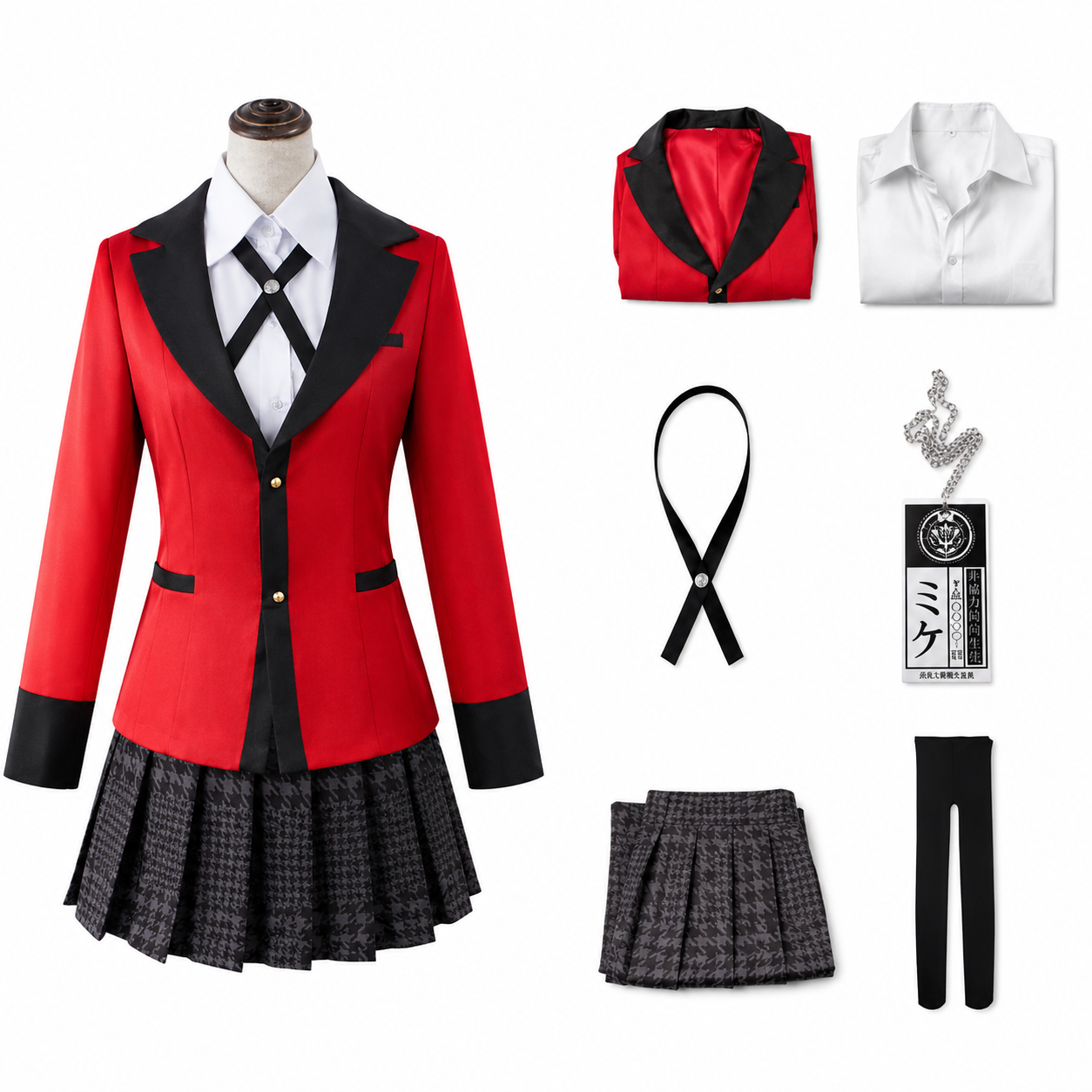 Yumeko Jabami Kakegurui cosplay costume set with red blazer, shirt, pleated skirt, necktie, ID accessory and legwear