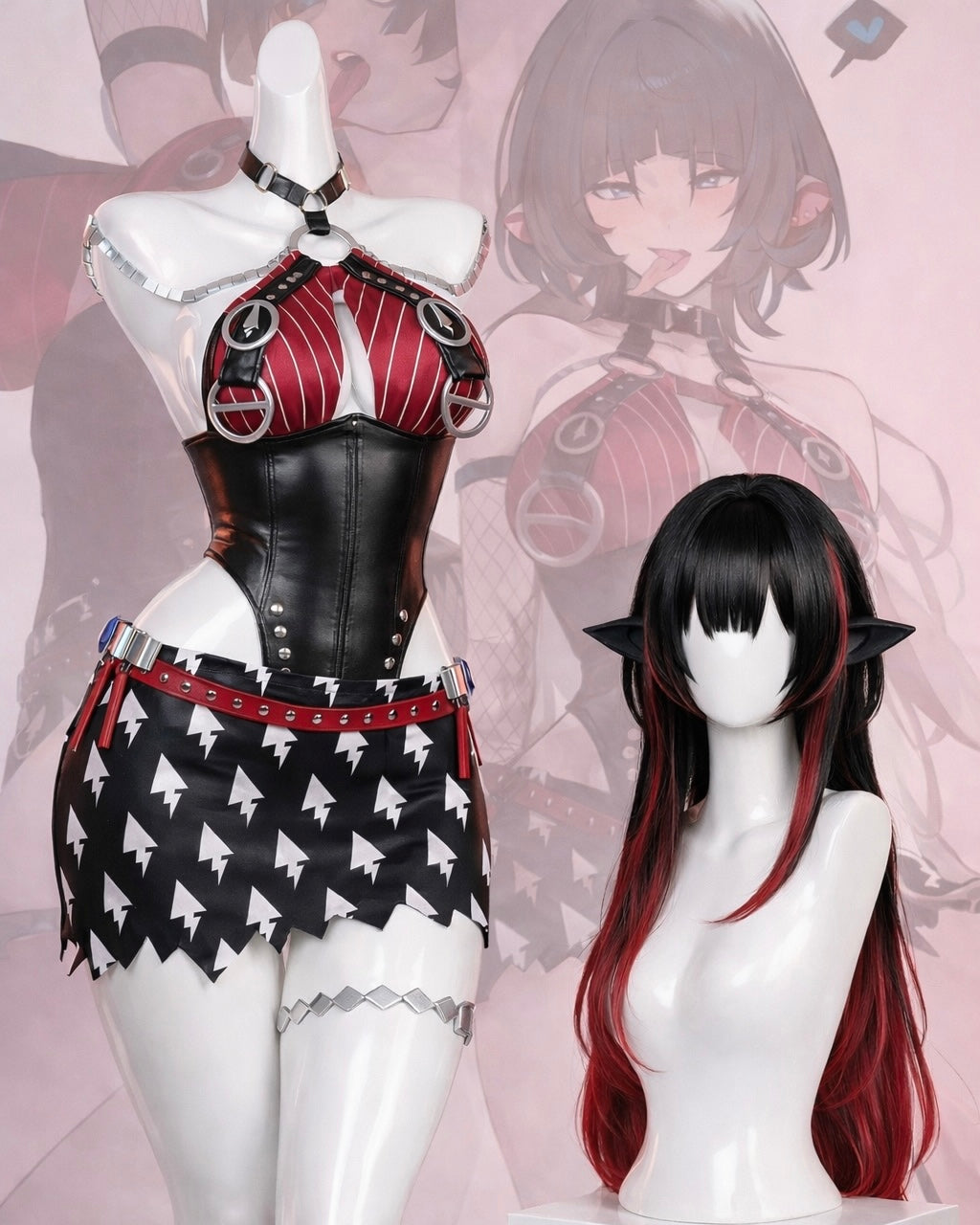Complete Jane Doe Moonlit Ripples cosplay set from Zenless Zone Zero featuring a pinstriped halter bodice, lightning bolt skirt, and red gradient wig with rat ears