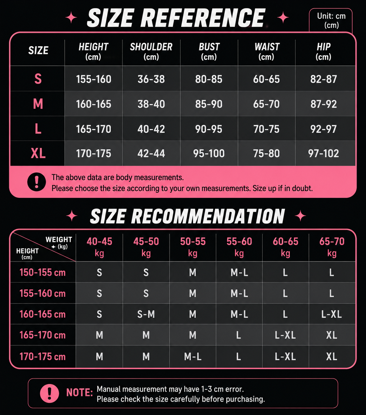 Zenless Zone Zero Remielle Dan Cosplay Costume & Wig Full Set – Size reference chart for clothing with height, shoulder, bust, waist, and hip measurements.