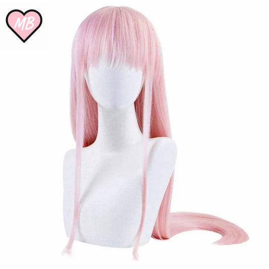 Mannequin head wearing a very long, straight pastel pink cosplay wig with full bangs, specifically styled for the anime character Zero Two (02) from Darling in the FranXX.