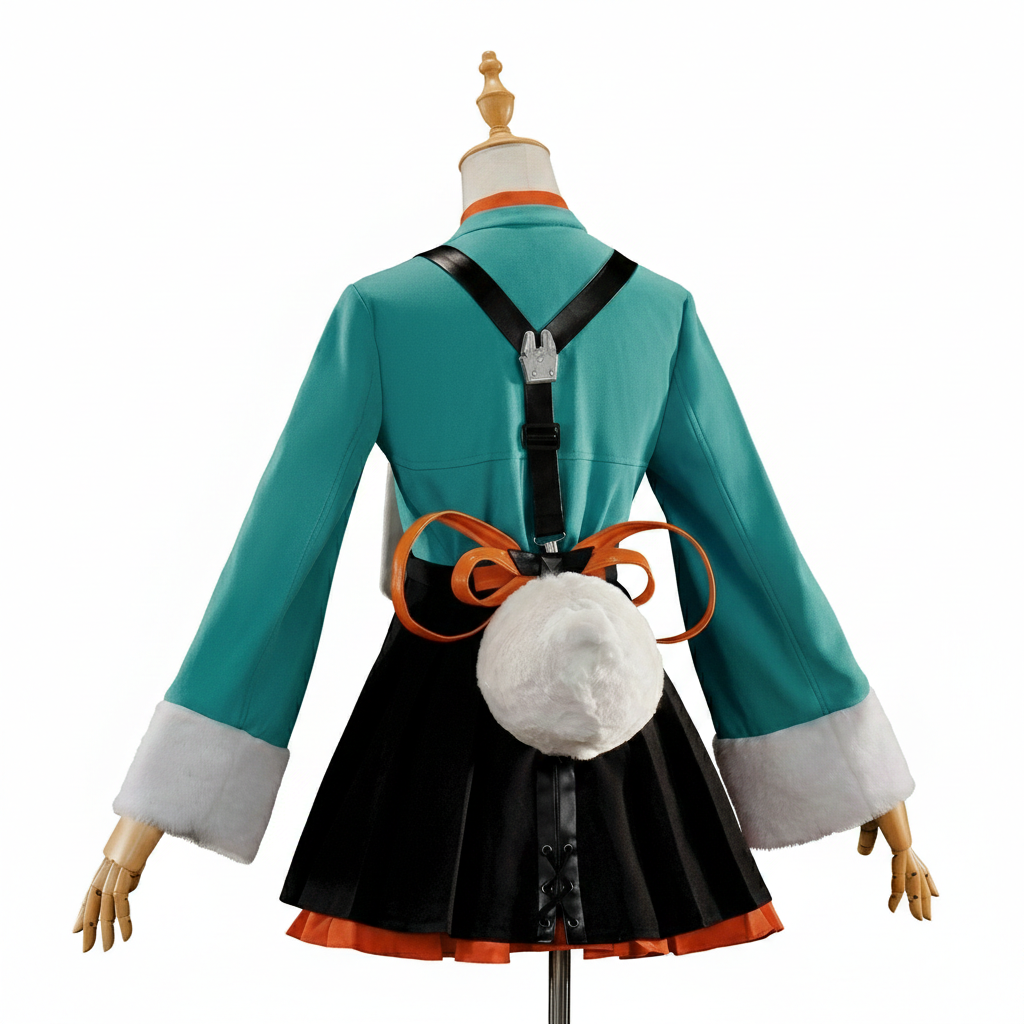 Back view of the Zhao Bunny cosplay by MBCosplay, showing the large white rabbit tail and the layered fabric design of the bunny-style tailcoat