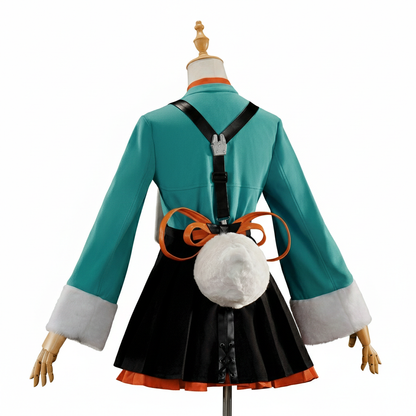 Back view of the Zhao Bunny cosplay by MBCosplay, showing the large white rabbit tail and the layered fabric design of the bunny-style tailcoat