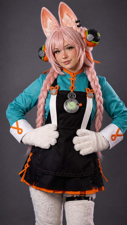 Zhao Zenless Zone Zero cosplay costume with pink braided wig, animal ears and character accessories