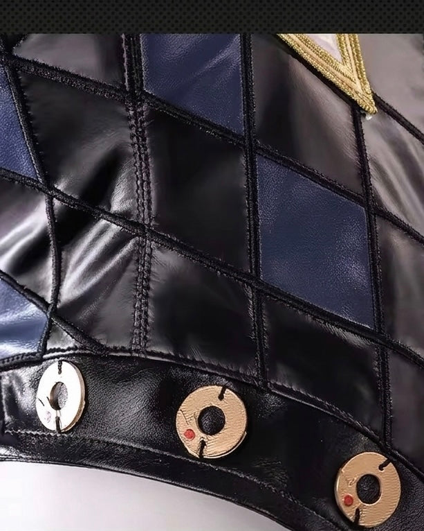 Front view of the Cissia character-accurate biker jacket featuring industrial zippers, medals, and a cropped fit
