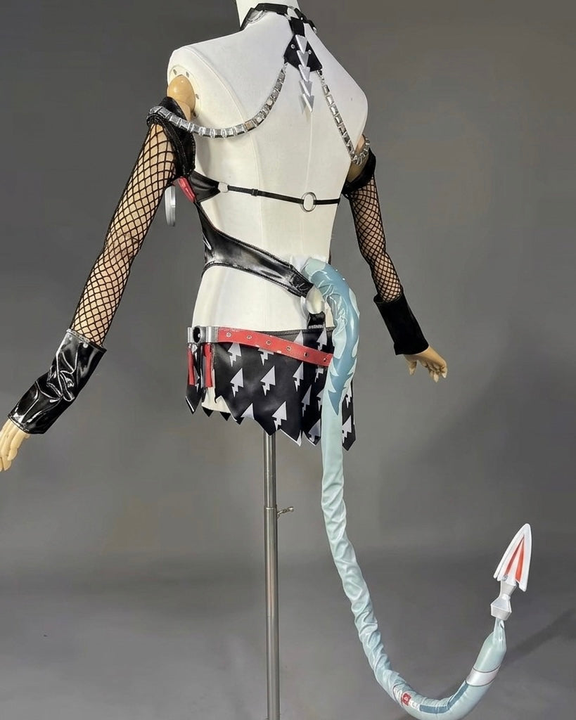 Mannequin wearing a futuristic outfit with a long tail on a gray background