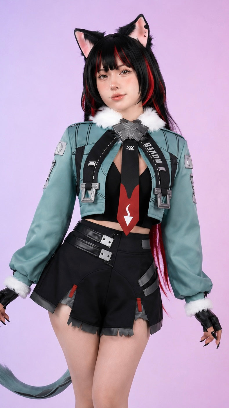 Zenless Zone Zero Nekomata cosplay costume and wig worn by female model featuring black and red cat-ear wig, teal cropped jacket, black shorts, tail accessory and detailed character-accurate cosplay outfit.