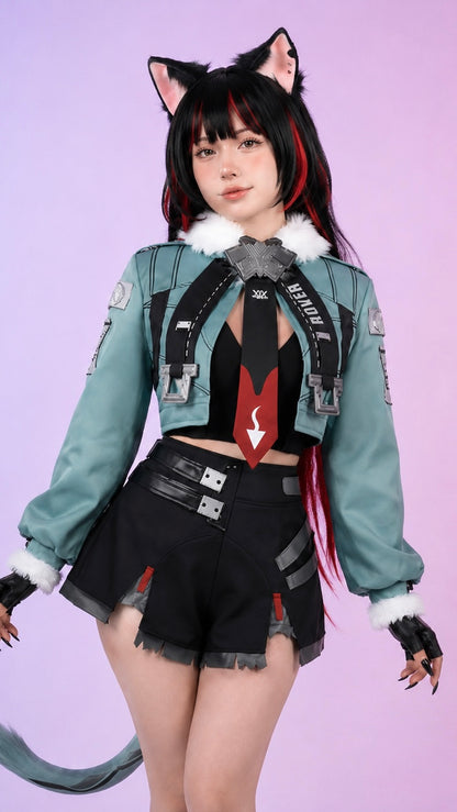 Zenless Zone Zero Nekomata cosplay costume and wig worn by female model featuring black and red cat-ear wig, teal cropped jacket, black shorts, tail accessory and detailed character-accurate cosplay outfit.