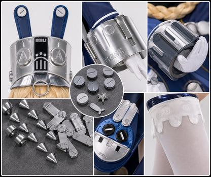 Close-up collage of Norma cosplay accessories including helmet, gauntlets, armour details and mechanical props.
