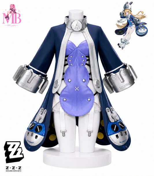 Zenless Zone Zero Norma cosplay costume full set displayed on mannequin featuring navy coat, silver armour and lavender bodysuit.
