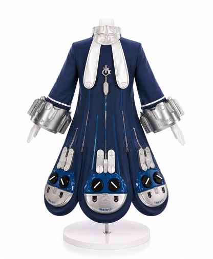 A blue and silver sci-fi costume dress displayed on a white mannequin stand against a plain white background.